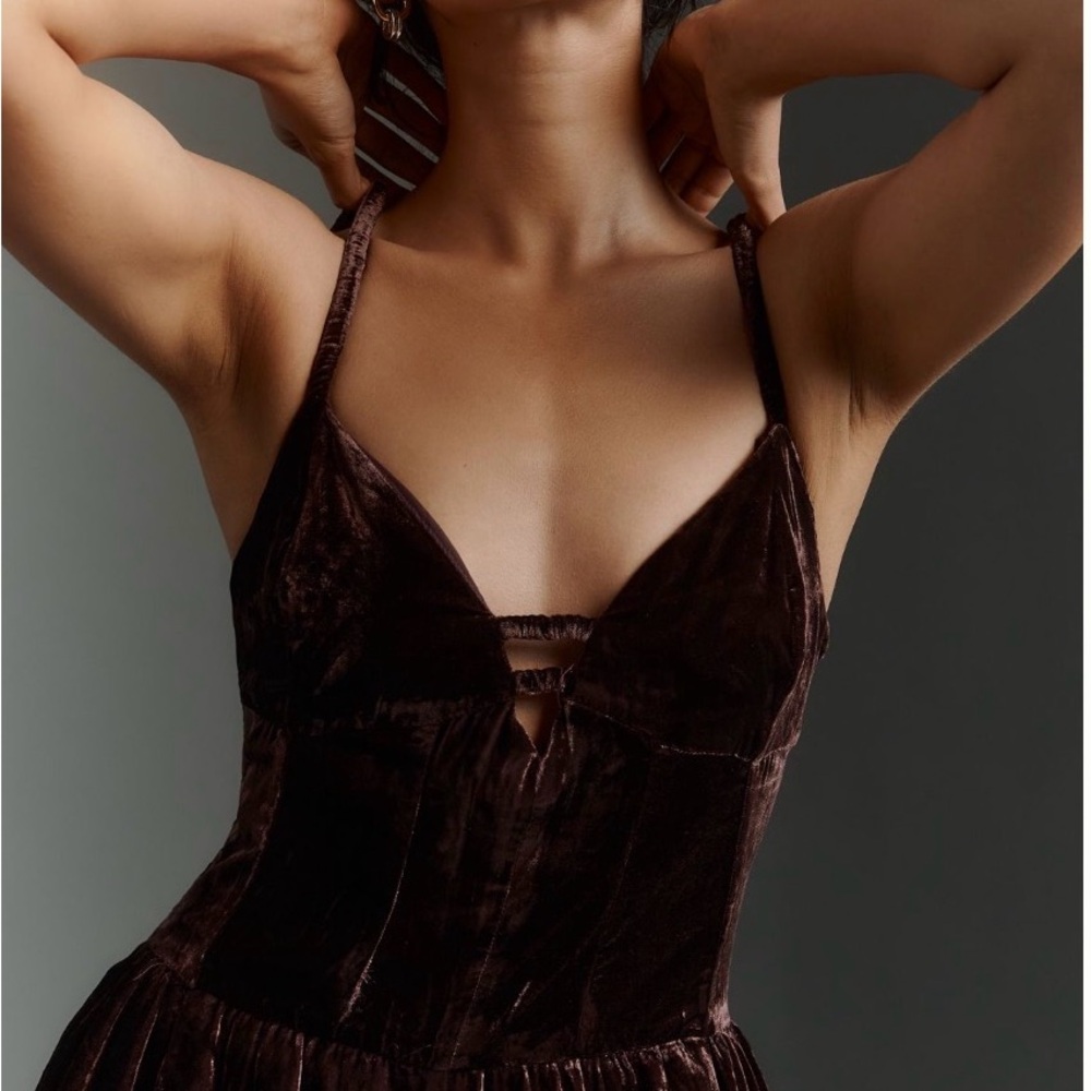 Anthropologie Dark Brown Velvet Spaghetti-Strap Jumpsuit
